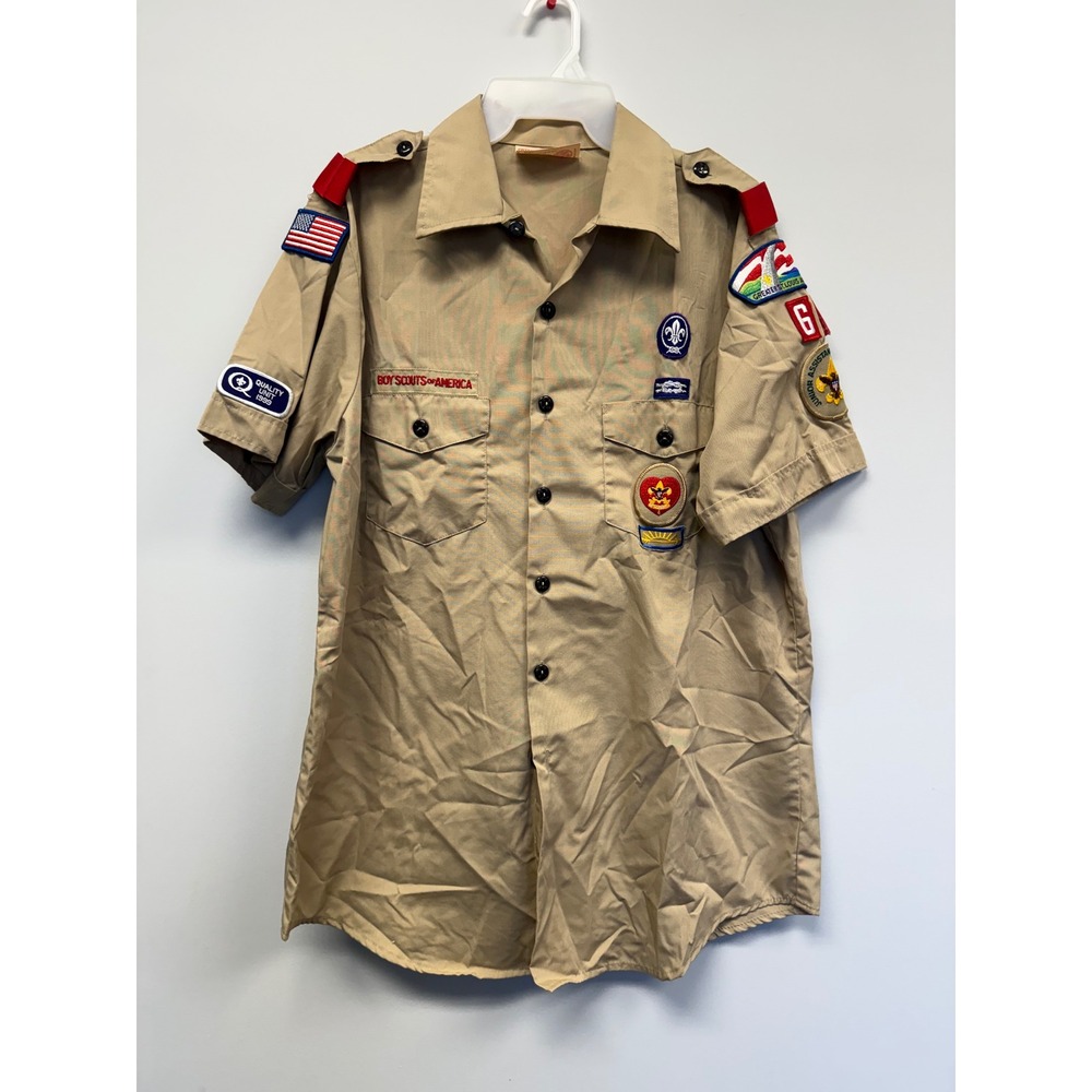 Boy Scouts of America Mens Large Tan Short Sleeve Patch Uniform Shirt BSA 59493